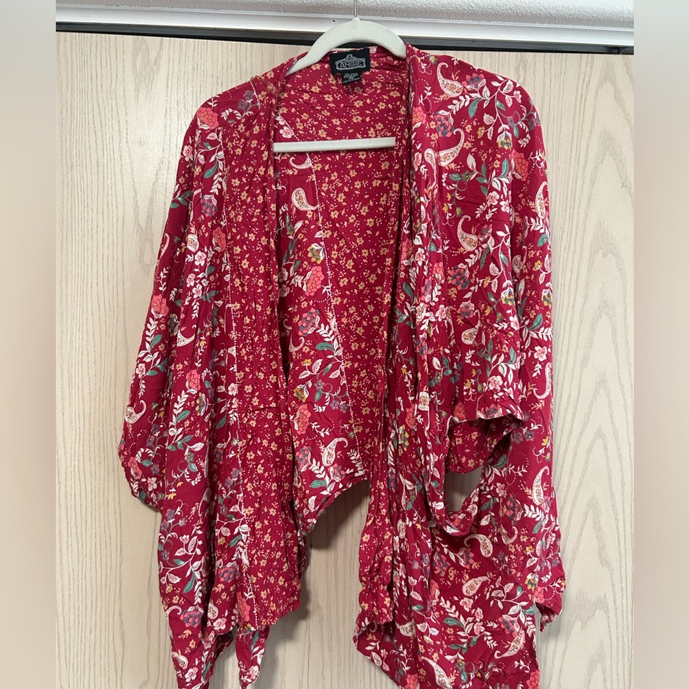 Angie Red Floral Draped Kimono Cape